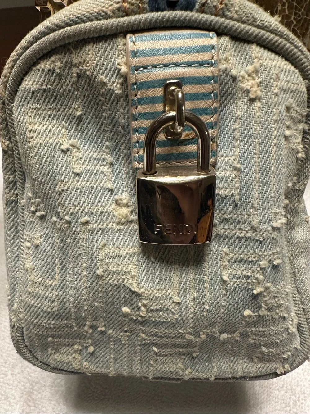 Fendi Vintage Denim Mini Boston Bag Distressed Zucca Y2K COA